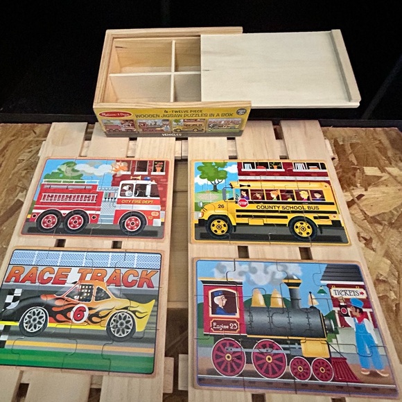Melissa & Doug 4-twelve piece wooden puzzles in a  box “”vehicles” - Picture 5 of 5